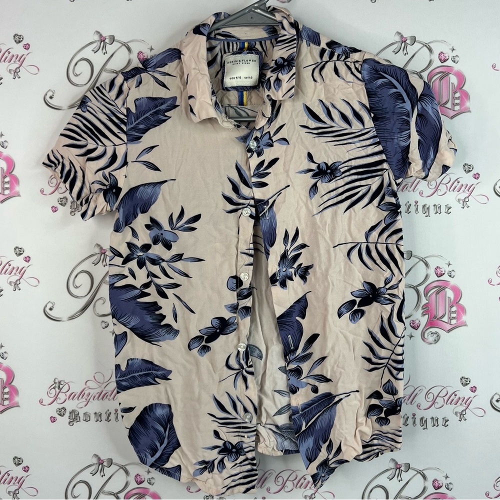 Denim & Flower button up shirt light pink Beige and Navy Leaf Print Shirt